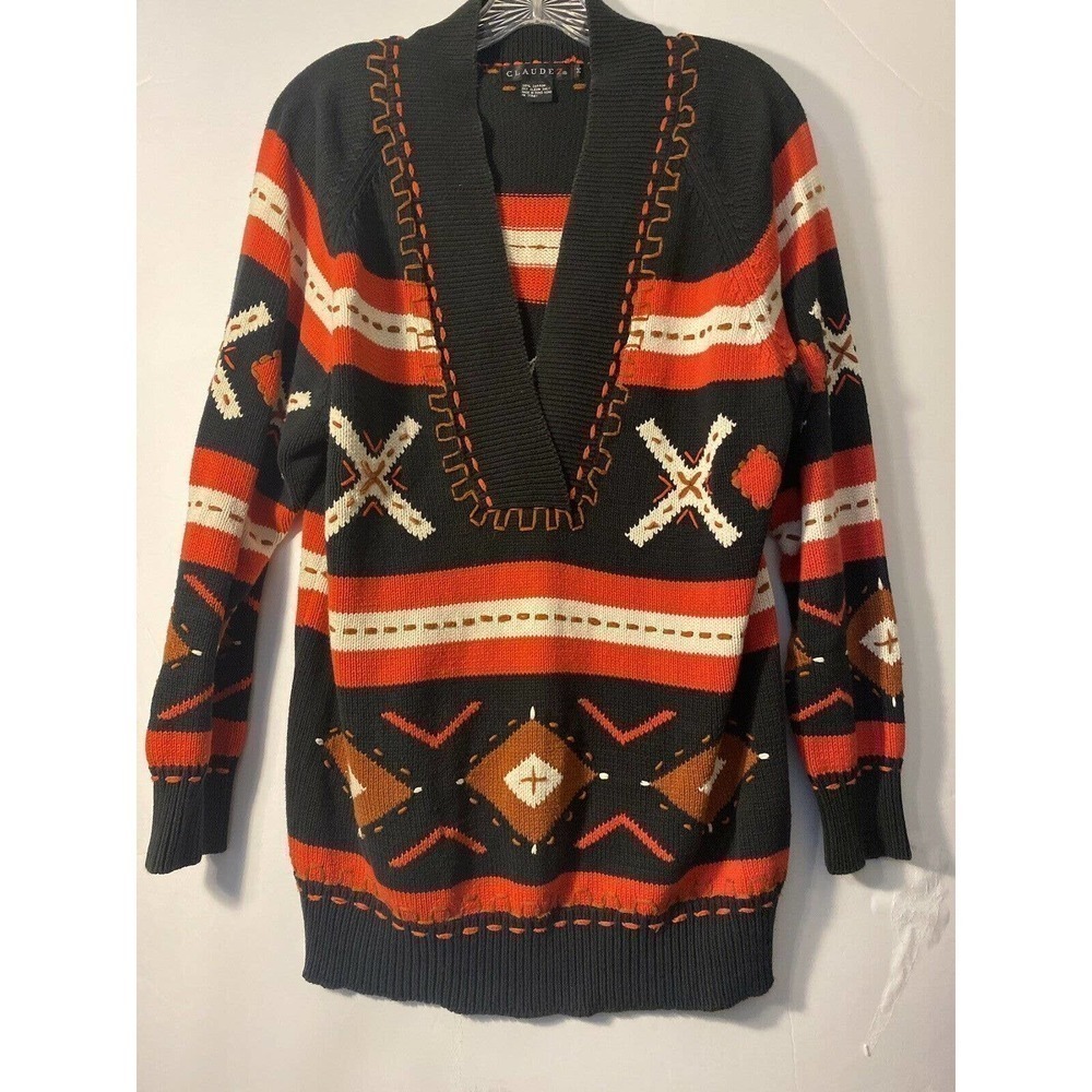 CLAUDE Z Knit Aztec Navajo Sweater VNeck Southwest Red Charcoal Size Medium